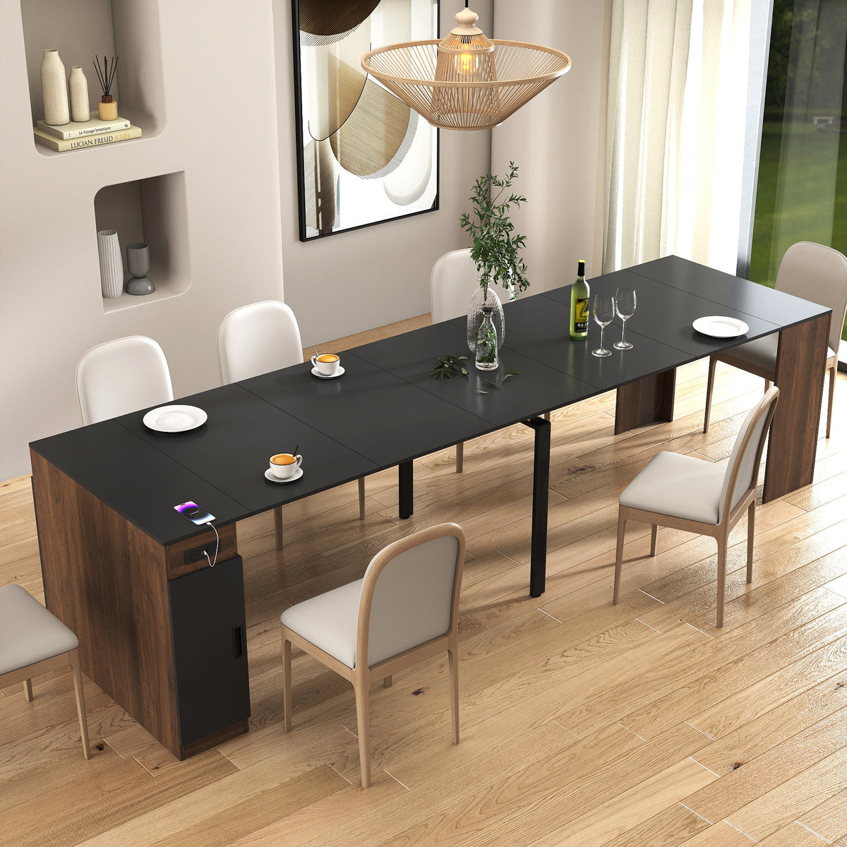 Modern Multifunctional Extendable Dining Table with Outlet, Space Saving Expanding Table with Storage for Party, Weddings, Meetings, Celebrations