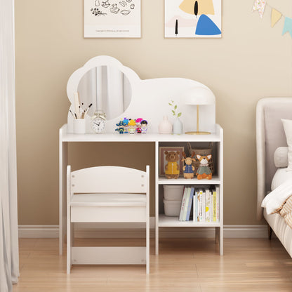 Kids Vanity Table with Mirror and Chair, Wooden Children's Dressing Makeup Desk with Storage Shelves
