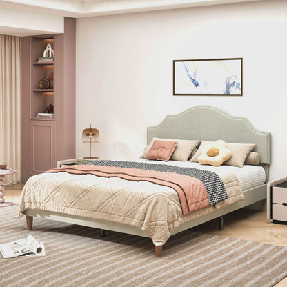 Queen Size Bed Frame Upholstered Platform Bed with Adjustable Headboard,Linen Fabric Padded,Modern Simple Style Platform Bed No Box Spring Needed, Easy Assembly, Beige