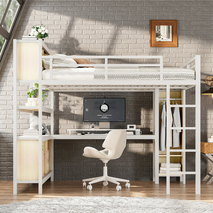 Metal Loft Bed with Wardrobe And L-shaped Desk, Queen Size Loft Bed with Storage Cubes and Shelves, Heavy Duty Loft Bed for Kids Teens Adults, White Wood-grain