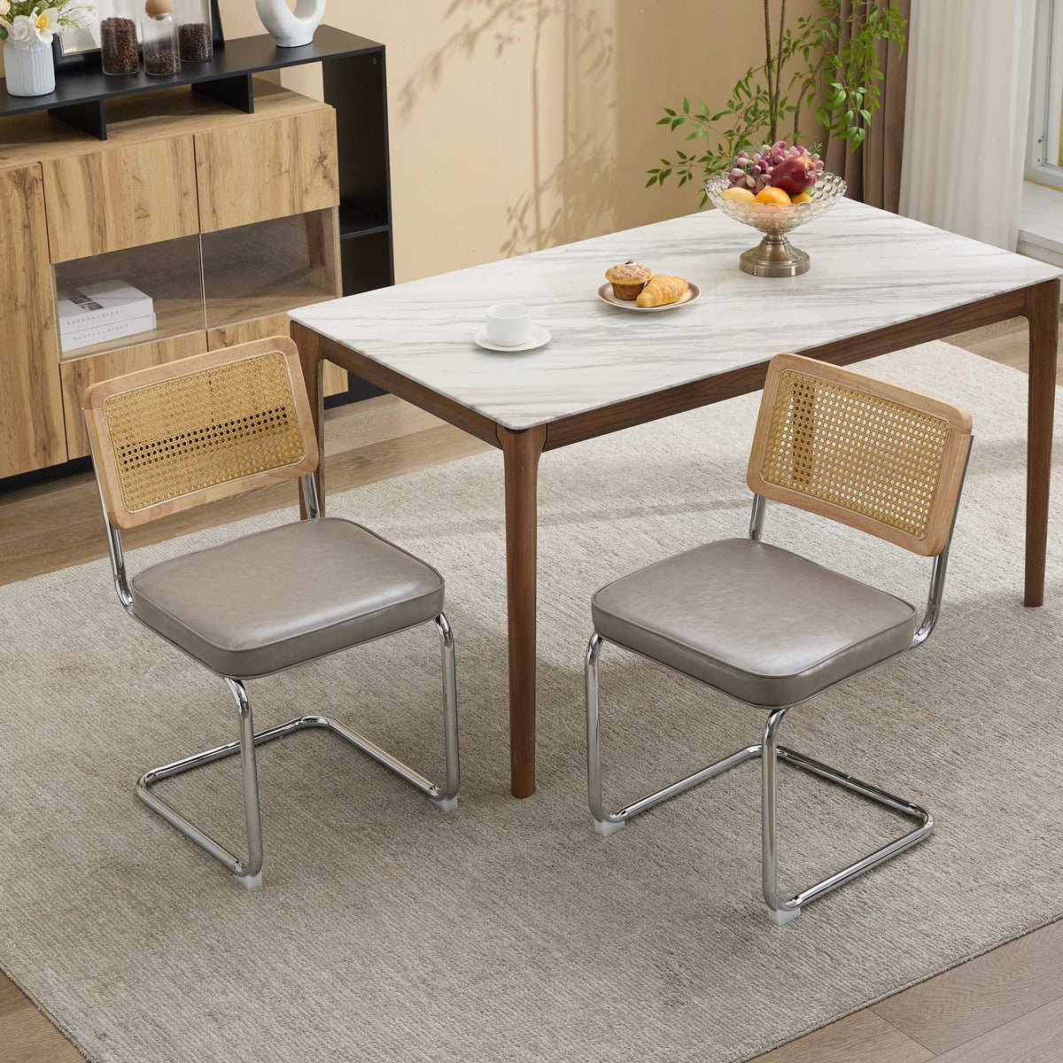 Dining Chairs Set of 2,Mid‑Century Modern Cane Rattan Dining Chair with Solid Wood Frame,Faux Leather Upholstered Seat,Cantilever Chrome Metal Frame Armless Side Chair for Kitchen Dining Room,SW1751GG