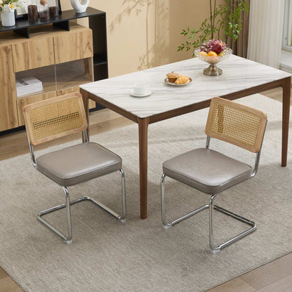 Dining Chairs Set of 2,Mid‑Century Modern Cane Rattan Dining Chair with Solid Wood Frame,Faux Leather Upholstered Seat,Cantilever Chrome Metal Frame Armless Side Chair for Kitchen Dining Room,SW1751GG