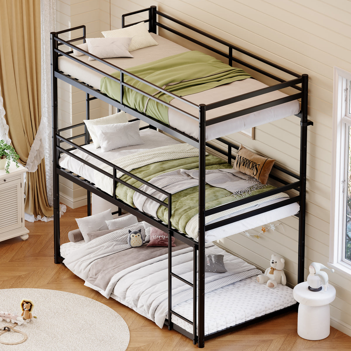 Metal Triple Bunk Bed Twin over Twin over Twin, Heavy Duty 3-in-1 Convertible Metal Bunk Bed Frame with Ladders, Guardrails & Anti-Tip Kit, Space-Saving Bed for Kids, Teens, Adults, No Box Spring Need