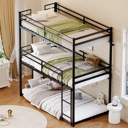 Metal Triple Bunk Bed Twin over Twin over Twin, Heavy Duty 3-in-1 Convertible Metal Bunk Bed Frame with Ladders, Guardrails & Anti-Tip Kit, Space-Saving Bed for Kids, Teens, Adults, No Box Spring Need