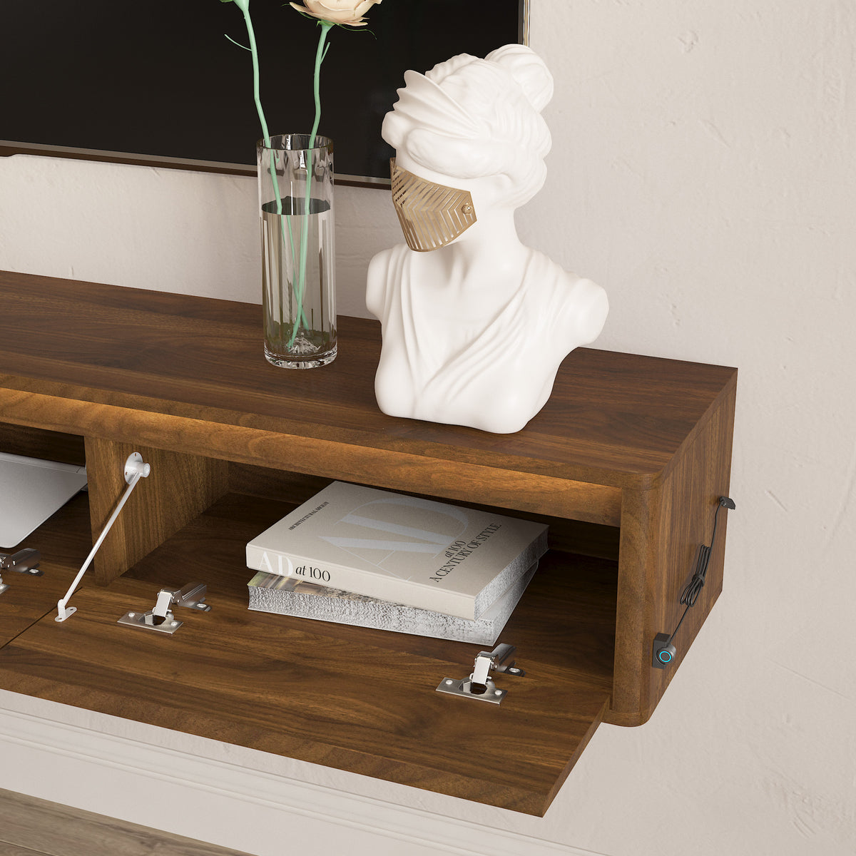 Floating TV Stand,Wall Mounted TV Shelf with Led Lights & Power Outlet,Fluted TV Cabinet for Wood tv Stands for Living Room