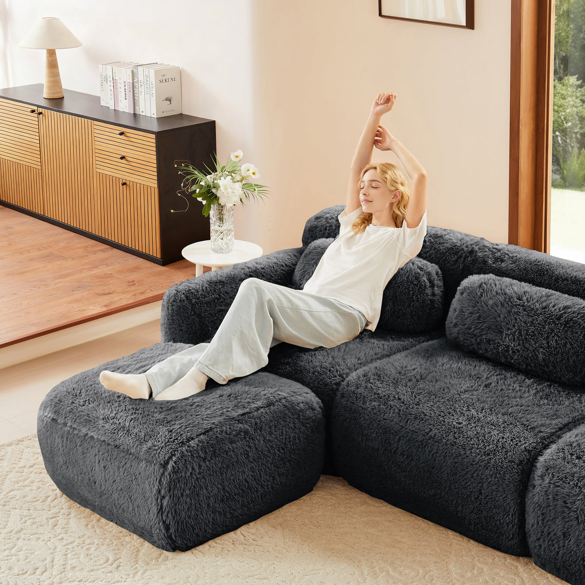 Aviana Armless Sofa W/Pillow Plush Fabric-Dark Grey