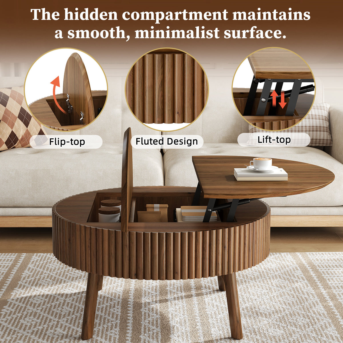 Modern Round Lift-Top Coffee Table with Half Flip-Top & Hidden Storage, Solid Wood Mid-Century Coffee Table with Fluted Design, 30.3' Walnut Space-Saving Center Table for Living Room