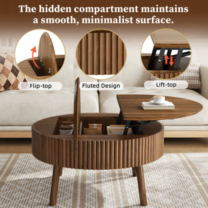 Modern Round Lift-Top Coffee Table with Half Flip-Top & Hidden Storage, Solid Wood Mid-Century Coffee Table with Fluted Design, 30.3' Walnut Space-Saving Center Table for Living Room