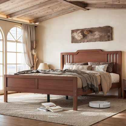 Full Size Platform Bed with Tall Headboard, Solid Bamboo-made Bed Frame with Support Slats, Full  Bed Frame for Bedroom, Guest Rooms, Warm Brown