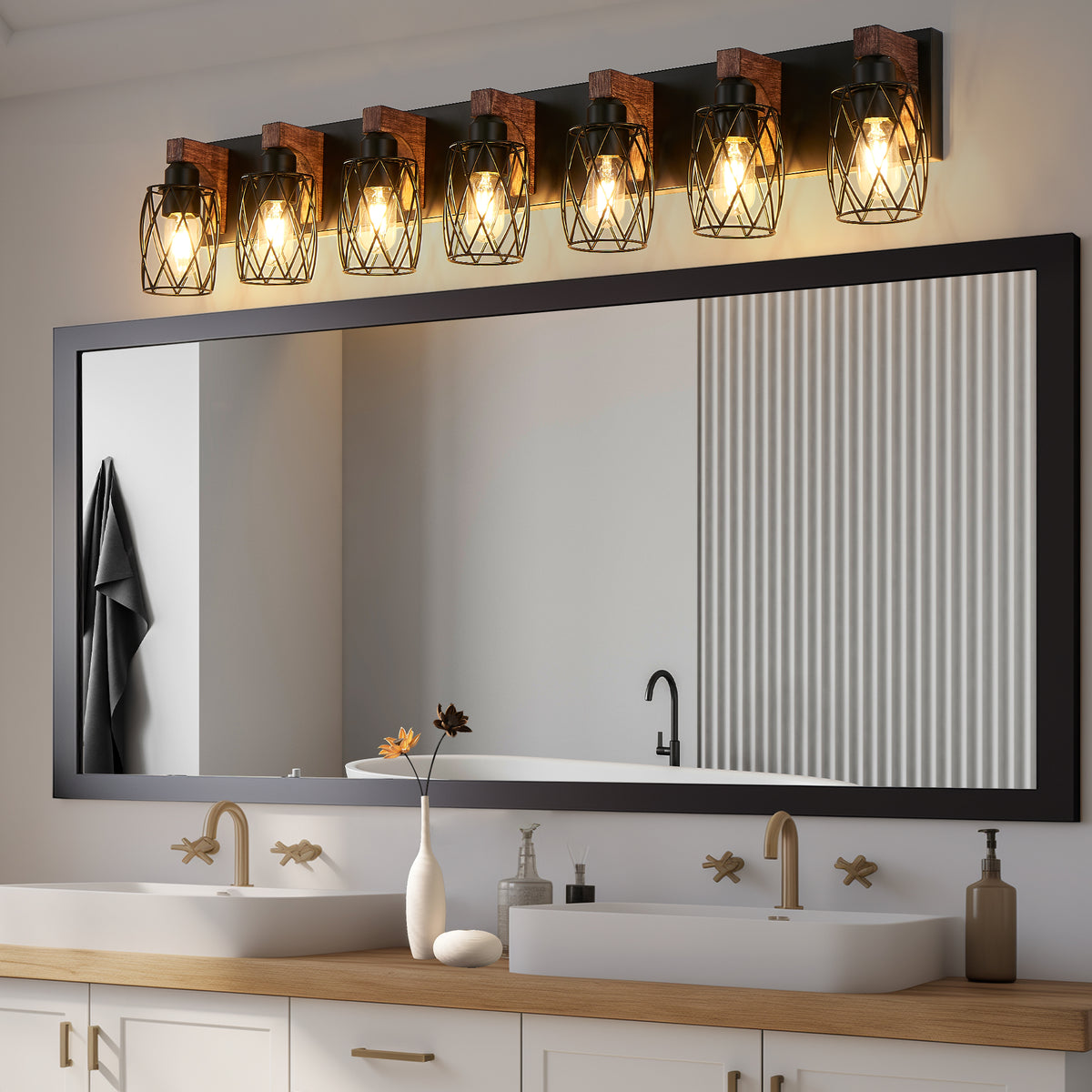 Industrial Vintage 7-Light Wall Sconce - Black Cage Wall Lighting Fixture with Wooden Accents, or Living Room (Bulb Not Included)