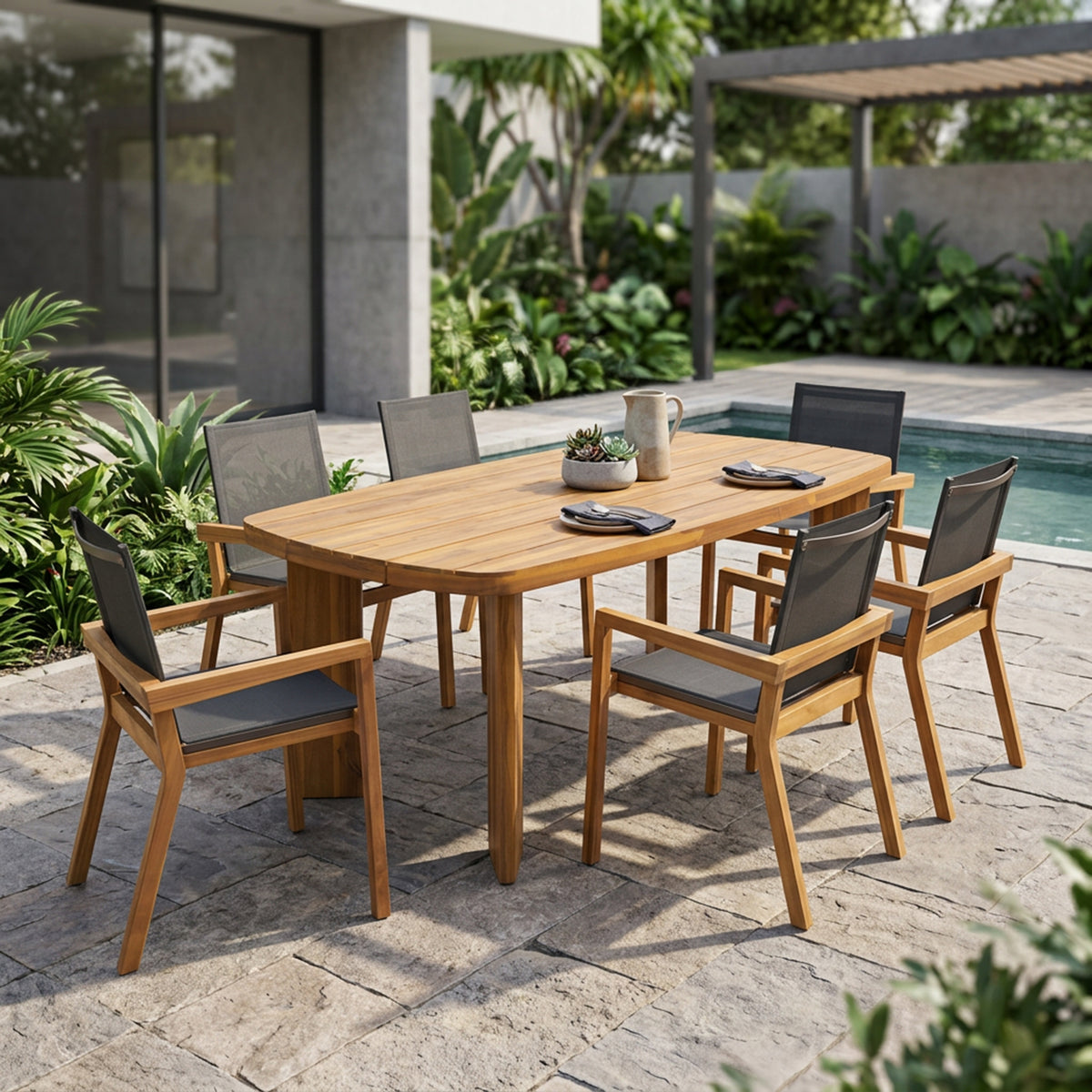 7‑Piece Acacia Wood Outdoor Dining Set, 71 Inch Oval Teak Finish Patio Table & 6 Arm Chairs with Black Textilene Seat and Back, Weather‑Resistant Furniture for Backyard Deck Garden