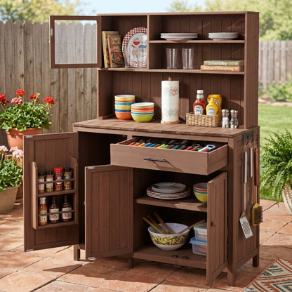 (With Assembly Video) TOPAMX Potting Bench with Hutch, 65' H Solid Fir Wood Garden Workstation, Large Countertop, Patio Kitchen Island with Adjustable Shelves, Spice Rack, Side Hook and Drawer, Brown