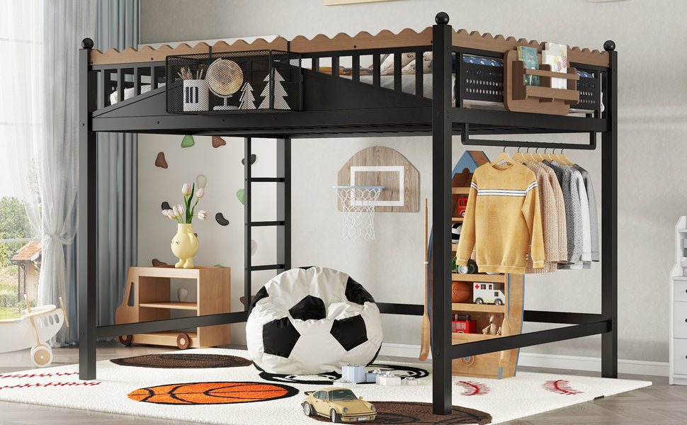 Queen Size Loft Bed with Ladders, Metal Loft Bed with Storage Shelves and bookshelf, No Box Spring Needed and Chic Design, Black