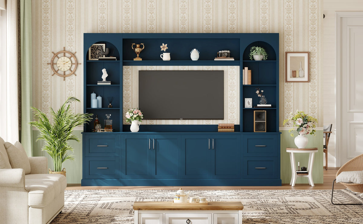 Modern Arched Entertainment Center Wall Unit with Drawers, Farmhouse TV Stand with Cable Holes for TVs Up to 65", Multifunctional All-in-One TV Console with Adjustable Shelves for Living Room, Blue