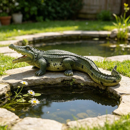 23" Simulated Crocodile Garden Statue, Resin Animal Ornament, Creative Indoor & Outdoor Decor for Garden, Porch, Pond & Backyard