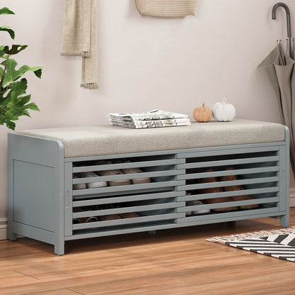 TREXM Shoe Bench with Storage and Cushion, Distressed Shutter Storage Bench with Retro Charm for Living Room, Entryway (Grey)