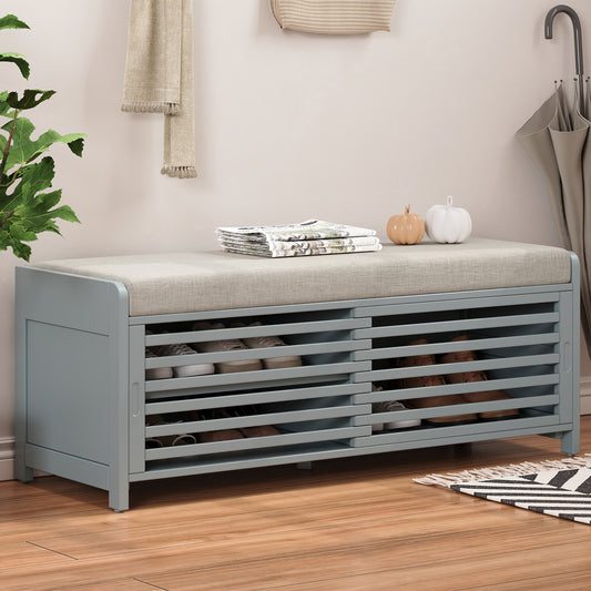 TREXM Shoe Bench with Storage and Cushion, Distressed Shutter Storage Bench with Retro Charm for Living Room, Entryway (Grey)