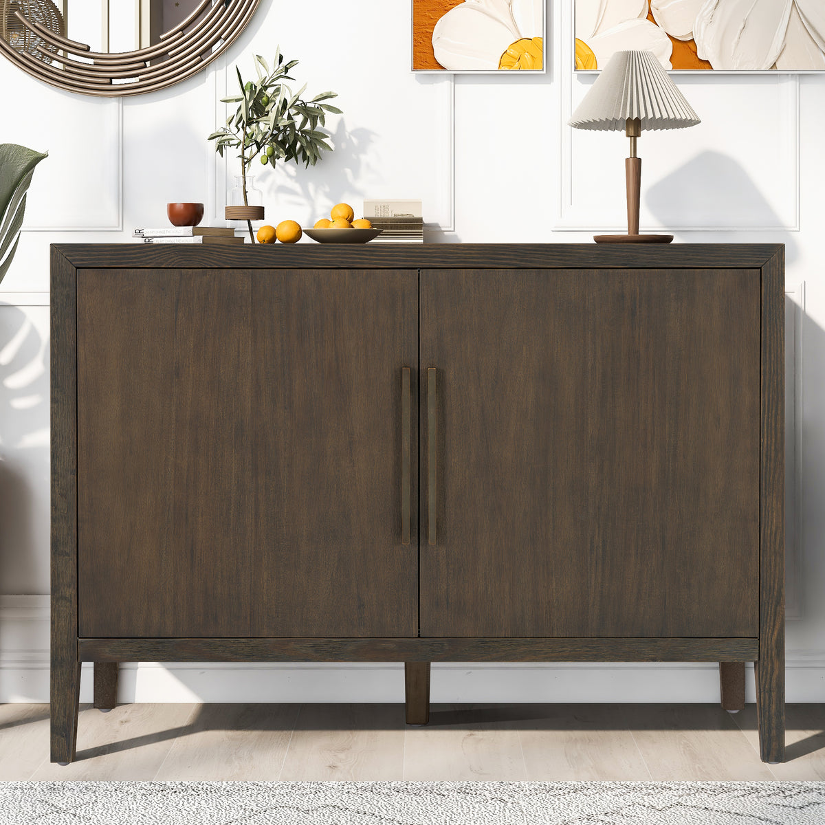 U_STYLE 47.25-Inch Farmhouse Sideboard with Pine Veneer and 2 Doors, Retro Buffet with Adjustable Feet – Model N711P410389B