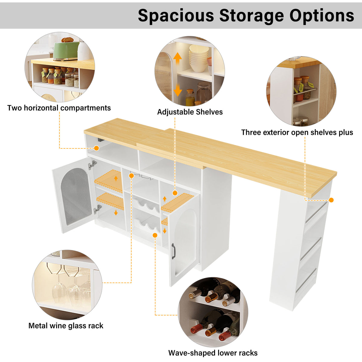 U_STYLE Sideboard with Extendable Tabletop and Wine Rack, Counter Height Bar Table with Color LED Lighting and Left-side Power Outlet, Mobile Farmhouse Wine Cabinet Cart on Wheels (Chairs Not Included
