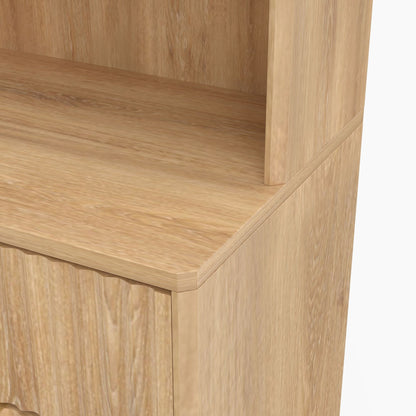 Tall Narrow Fluted Storage Cabinet with 10-Gallon Hidden Trash Bin Compartment, Freestanding Cabinet, Fixed Open Shelves & Drawer, Anti‑Tip for Kitchen Home‑Office Living Room (Trash Can NOT Included)