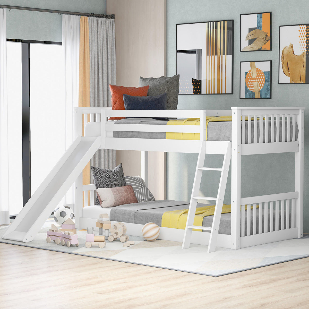 White Twin over Twin Bunk Bed with Convertible Slide and Ladder, Pine Wood, 79.1''L x 42.1''W x 49.4''H