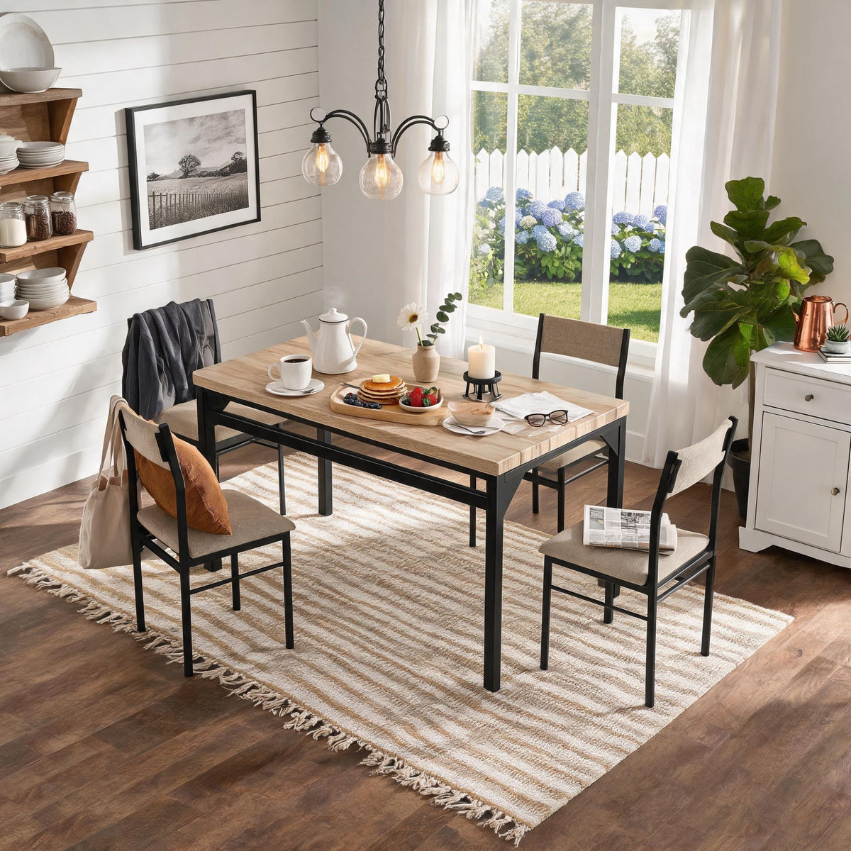 5-Piece Dining Table Set for 4, 47.24" Dining Table with 4 Upholstered Linen-Look Chairs, Black Metal Frames, Modern Kitchen & Dining Room Furniture
