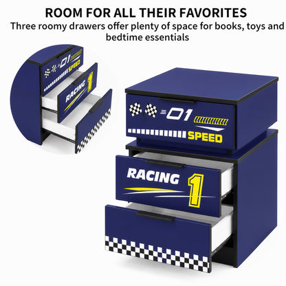 Kids Racing Car 3-Drawer Nightstand with Smart RGB LED Light, App/Remote/Music Sync Bedside Storage Cabinet, Fully KD