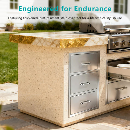 Outdoor Kitchen Drawers Stainless Steel, Flush Mount Triple Drawer,  18Wx23Hx23D with Stainless Steel Handle, BBQ Drawers for Outdoor Kitchens or BBQ Island