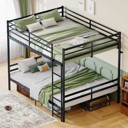 Queen-size heavy-duty bunk bed with ladder and high guardrails, 20 crossbars, minimum load capacity of 880 lbs per bunk, can be split into two double beds, includes storage space, black.