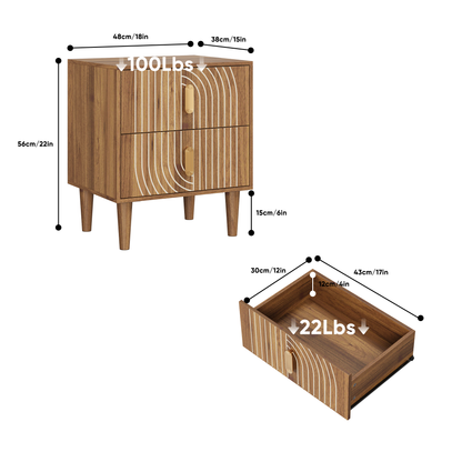 Medieval-style modern bedside table with double drawers for storage and solid wood legs; bedroom side table, bedside storage cabinet, compact bedside table, walnut color.