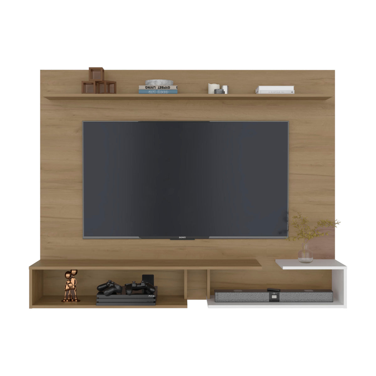 Colorado Wall Mounted TV Panel with Floating Media Console and Open Storage Shelves,Natural Oak