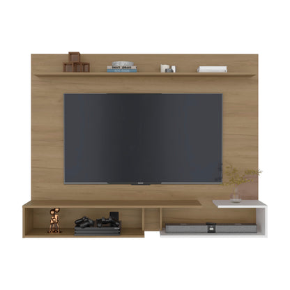 Colorado Wall Mounted TV Panel with Floating Media Console and Open Storage Shelves,Natural Oak
