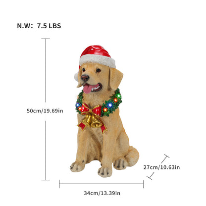 Lighted Christmas Labrador Retriever Dog Statue, Santa Hat Puppy Figurine with LED Wreath and Bells