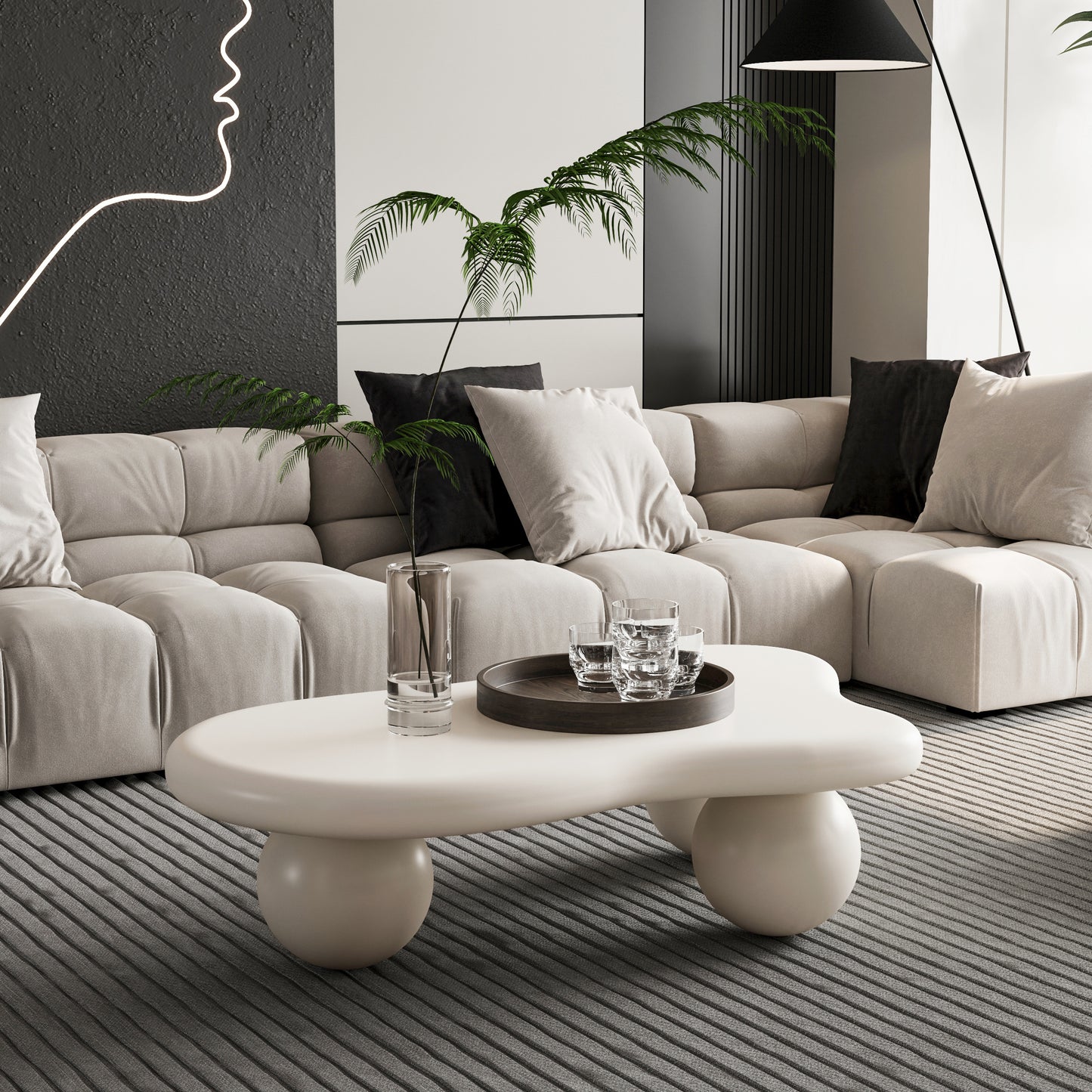40 Inch Cloud Shaped Coffee Table with 3 Ball Legs for Living Room, Cream White