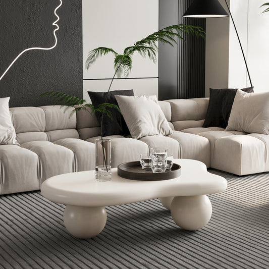 40 Inch Cloud Shaped Coffee Table with 3 Ball Legs for Living Room, Cream White