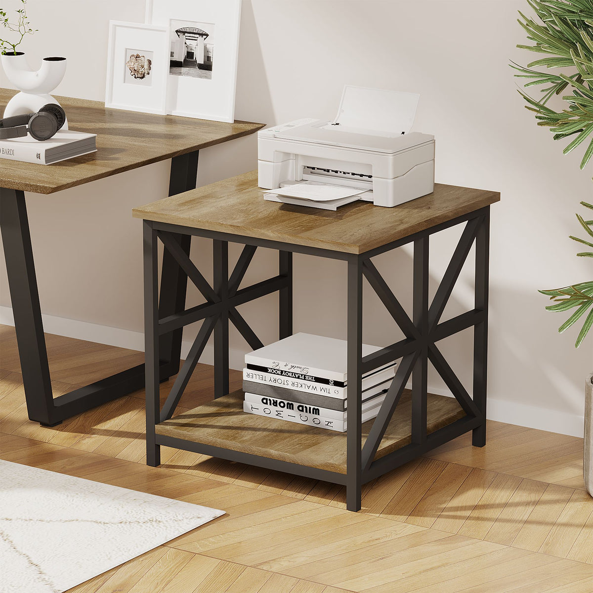 24" End Table with Storage, 2-Tier Side Table with Open Shelves for Living Room, Bedroom Nightstand, Farmhouse Accent Table, Grey Wash