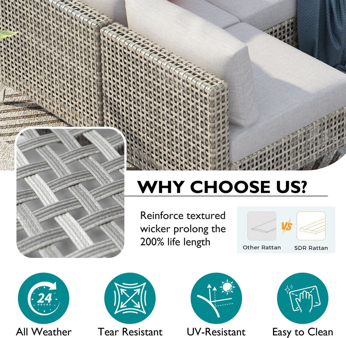 K&K 7-Piece Wicker Patio Furniture Set, Outdoor Conversation Set Sectional Sofa with Water Resistant Grey Thick Cushions and Coffee Table