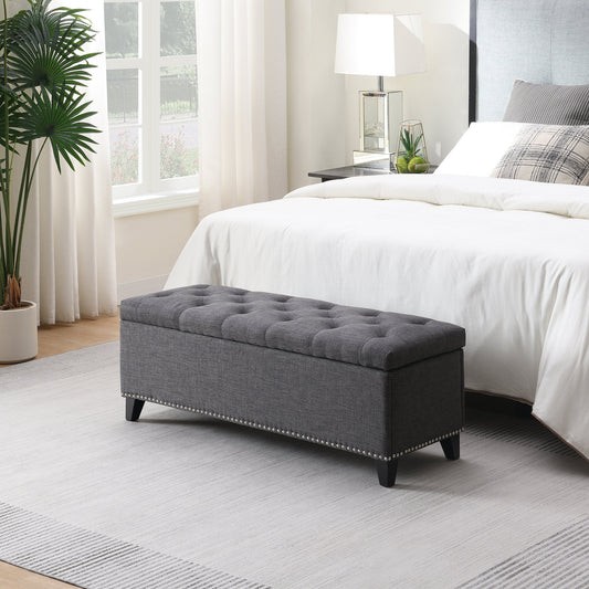 Dark Grey Linen Button-Tufted Storage Ottoman with Safety Close Hinge, 47.5" x 16.5" x 16.25", Plywood Construction