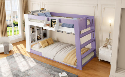 Twin Over Twin XL Bunk Bed with Storage Shelves & Guardrail Storage Basket, White+Light Purple