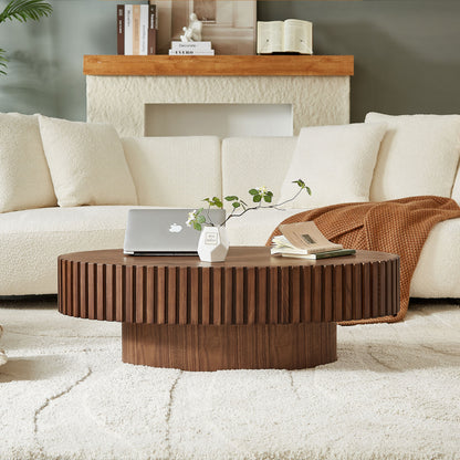 Modern Handcraft Drum Coffee Table Length 43.7 inch Ellipse Coffee Table, Oval Small Coffee Table with Sturdy Pedestal, Walnut MDF