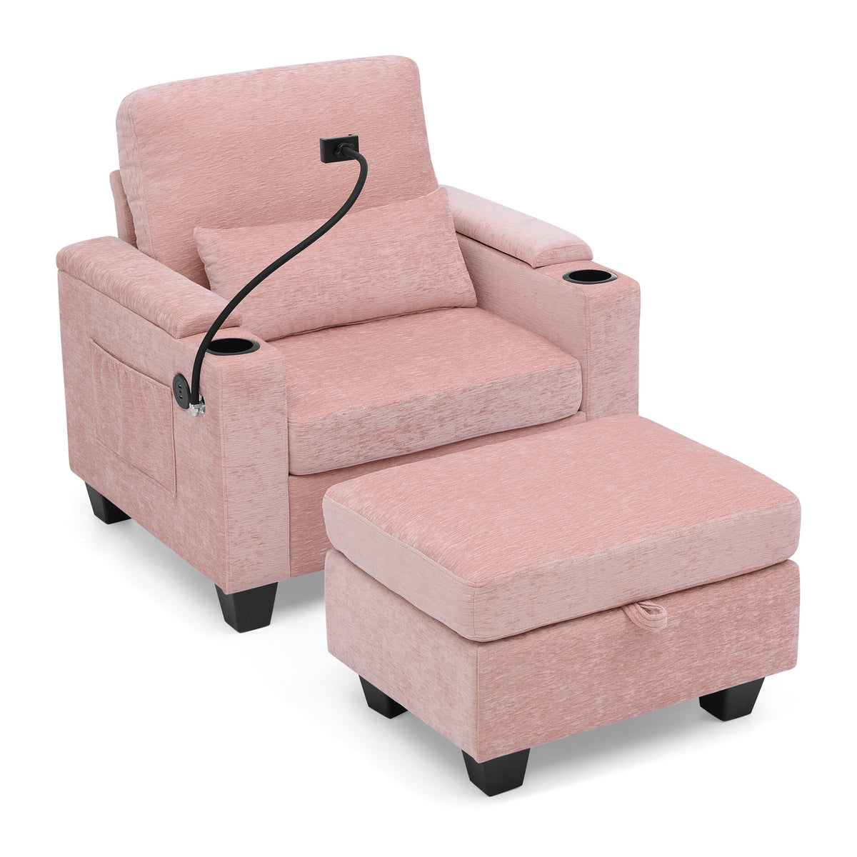 Single sofa recliner with manually adjustable backrest, USB charging port on the armrest side, phone stand included, hidden armrest storage, and a matching storage ottoman-Pink