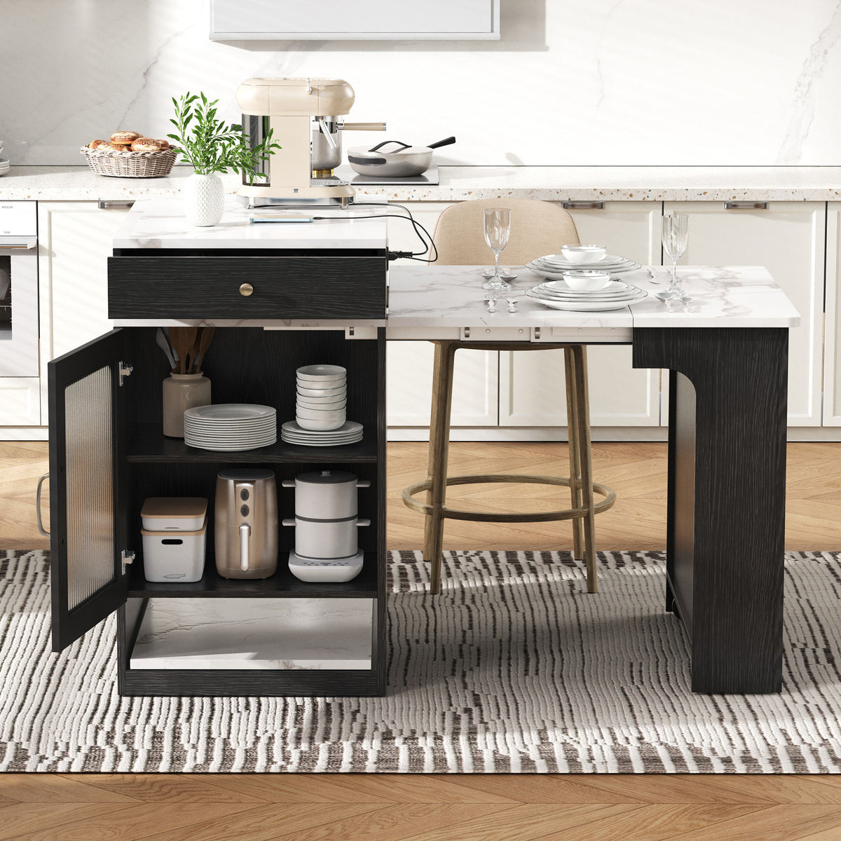 K&K 59.5" Kitchen Island with Extendable Dining Table, Kitchen Storage Table with Double-sided Storage, Kitchen Island with 2 Drawers