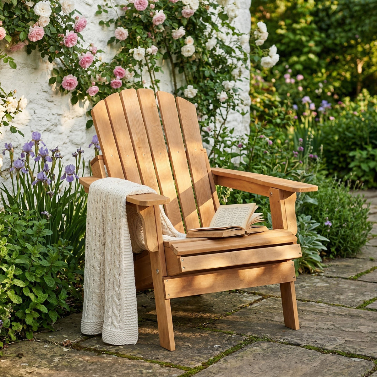 Oversize Wooden Outdoor Folding Adirondack Chair with Pre-Assembled BackRest & SeatBoard, Wood Patio Chair for Garden Backyard Porch Pool Deck Firepit