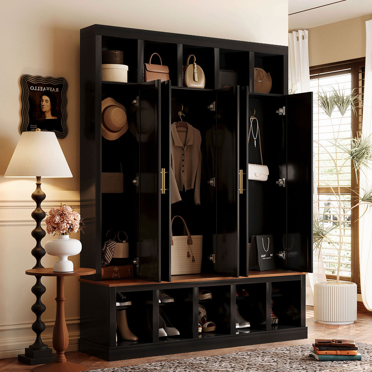 U-Can Farmhouse Entryway Storage Cabinet Coat Closet with Shoe Rack & Display Cubbies