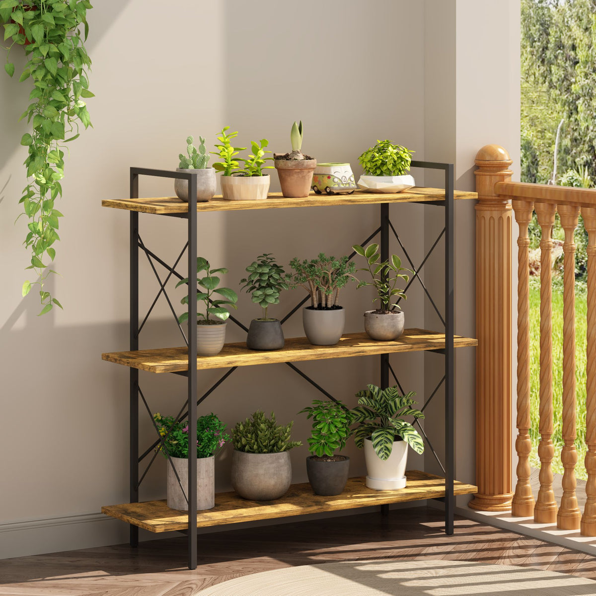 3-Tier Bookshelf, Horizontal Bookcase with Open Storage Shelves, Rustic Industrial Plant Stand, Wood & Metal Shelf for Living Room, Bedroom & Home Office (Rustic Brown)