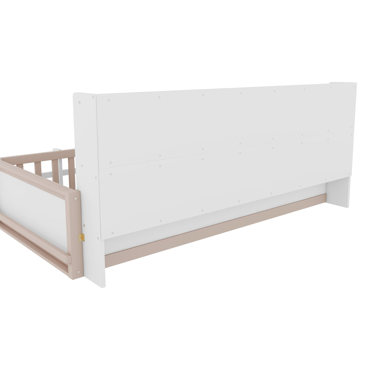 Twin Size Kids Wooden Platform Bed Frame with Guardrail Fence, Side Storage Shelves & Book Shelf, Space Saving Floor Bed,Nude and  White