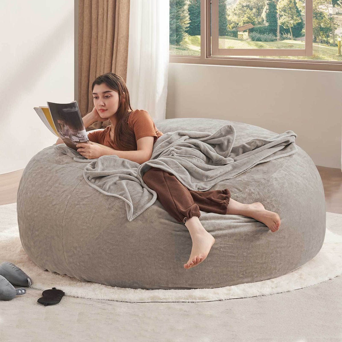 6FT bean bag chair, memory foam filling, adult and teen bean bag chair, soft sofa with removable flannel cover, round sofa for living room, bedroom, college dorm.