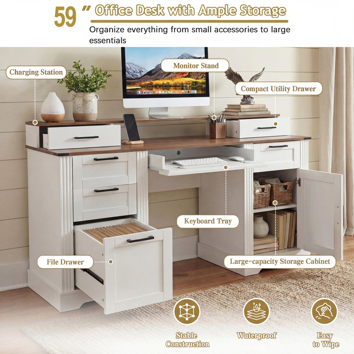 White Farmhouse Office Desk with Charging Station, Monitor Stand & Storage Cabinet, Barn Door Design, MDF, 59.5' L x 21' W x 35.8' H