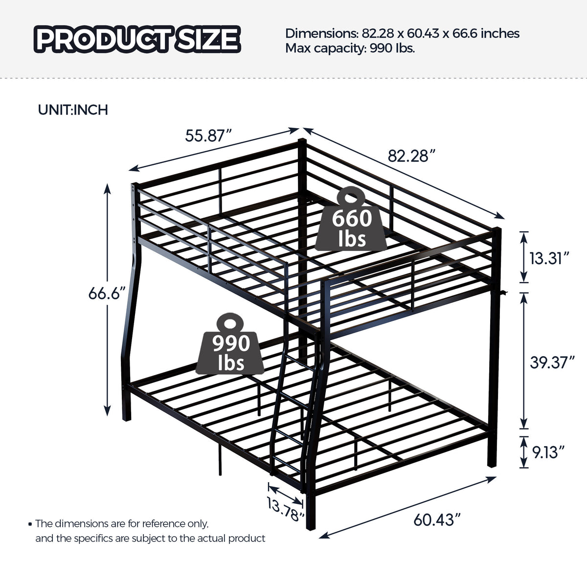 Metal Bunk Bed, Heavy Duty Full Over Queen Bunk Beds with 5 Extra Support Legs, 990 lbs Capacity, Noise-Free & Anti-Tip Design, 13.3" Safety Guardrail, Space-Saving Bed for Kids, Teens & Adults, Black