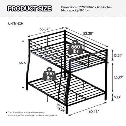 Metal Bunk Bed, Heavy Duty Full Over Queen Bunk Beds with 5 Extra Support Legs, 990 lbs Capacity, Noise-Free & Anti-Tip Design, 13.3" Safety Guardrail, Space-Saving Bed for Kids, Teens & Adults, Black
